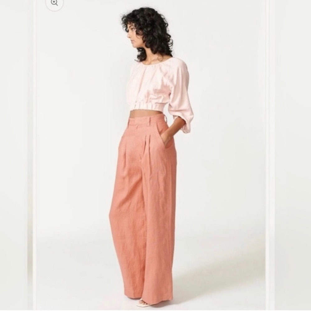 Free People Aureta Amity Pant High Waisted Pleated Wide Leg Linen Trouser 29